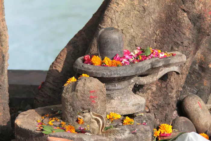 lingam avec une couronne de fleurs et un écureuil